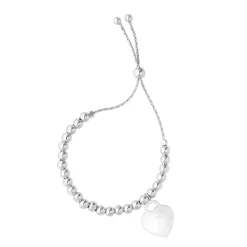 Adjustable Beaded Heart Bolo Bracelet In Sterling Silver