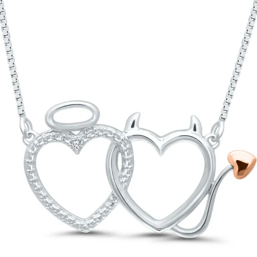 Angel Devil Pendant With Diamond Accent In Sterling Silver And 14K Rose Gold