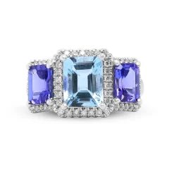 Aquamarine And Tanzanite Ring With Diamonds In 14K White Gold (1/3 Ct. Tw.)