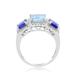 Aquamarine And Tanzanite Ring With Diamonds In 14K White Gold (1/3 Ct. Tw.)