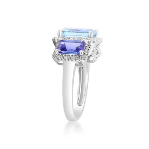 Aquamarine And Tanzanite Ring With Diamonds In 14K White Gold (1/3 Ct. Tw.)