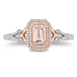 Aurora Emerald-Cut Morganite & Diamond Ring In Sterling Silver & 10K Rose Gold (1/7 Ct. Tw.)