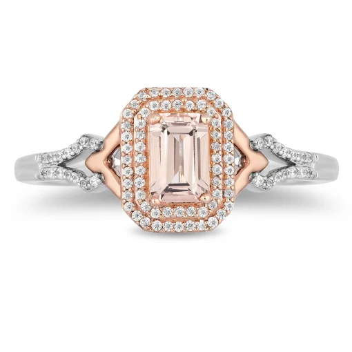 Aurora Emerald-Cut Morganite & Diamond Ring In Sterling Silver & 10K Rose Gold (1/7 Ct. Tw.)