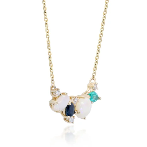 Australian Opal, Emerald, Blue Sapphire, And Diamond Accent Necklace In 10K Yellow Gold