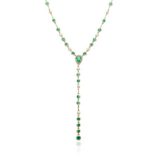 Bezel-Set Emerald And Diamond Drop Necklace In 14K Yellow Gold (1/5 Ct. Tw.)