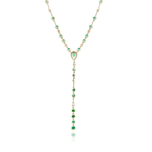 Bezel-Set Emerald And Diamond Drop Necklace In 14K Yellow Gold (1/5 Ct. Tw.)