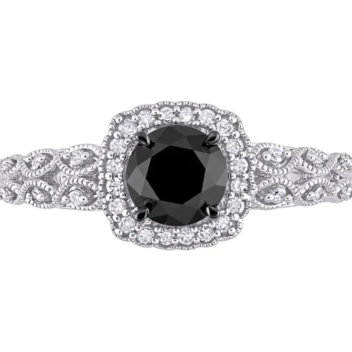 Black & White Diamond Ring With Cushion-Shaped Halo In 10K White Gold (1 1/7 Ct. Tw.)