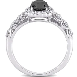 Black & White Diamond Ring With Cushion-Shaped Halo In 10K White Gold (1 1/7 Ct. Tw.)