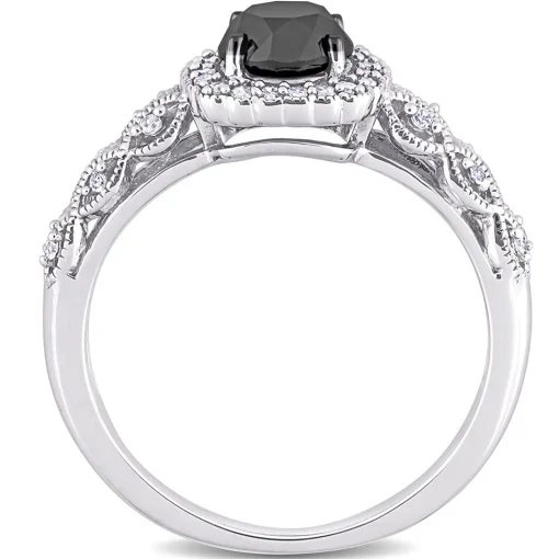 Black & White Diamond Ring With Cushion-Shaped Halo In 10K White Gold (1 1/7 Ct. Tw.)
