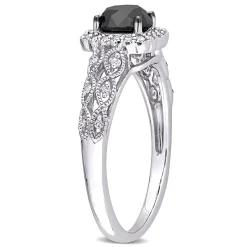 Black & White Diamond Ring With Cushion-Shaped Halo In 10K White Gold (1 1/7 Ct. Tw.)