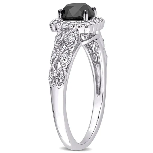 Black & White Diamond Ring With Cushion-Shaped Halo In 10K White Gold (1 1/7 Ct. Tw.)