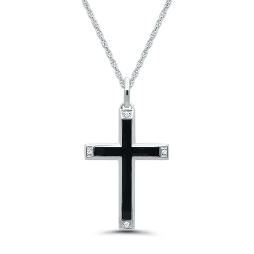 Black Cross Pendant With Diamond Accents In Black Enamel & Sterling Silver