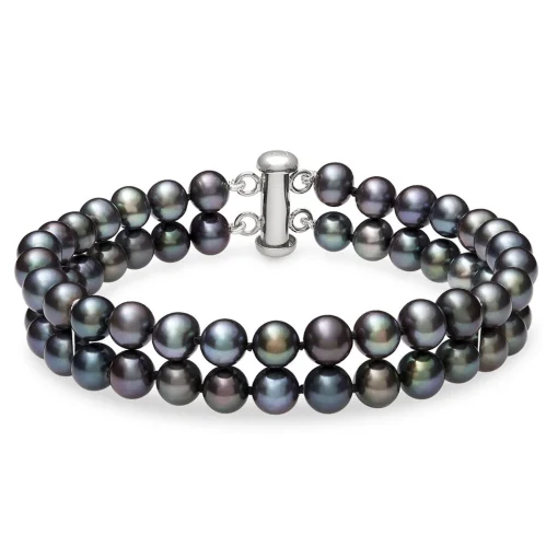 Black Freshwater Pearl Double Row Bracelet In Sterling Silver
