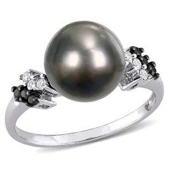 Black Tahitian Pearl & 1/8 Ct. Tw. Diamond Ring In 10K White Gold