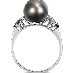 Black Tahitian Pearl & 1/8 Ct. Tw. Diamond Ring In 10K White Gold