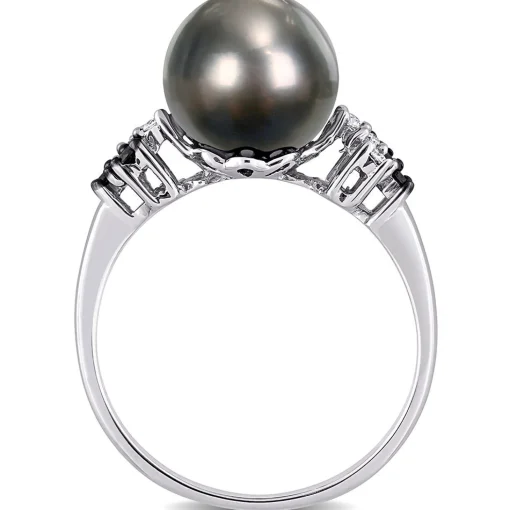Black Tahitian Pearl & 1/8 Ct. Tw. Diamond Ring In 10K White Gold