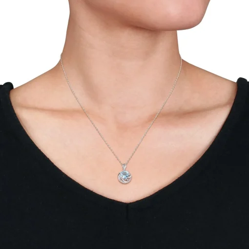 Blue & White Topaz & Diamond Necklace In Sterling Silver