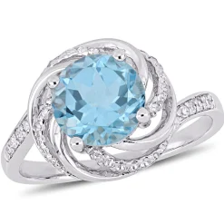 Blue & White Topaz & Diamond Ring In Sterling Silver