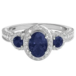 Blue Sapphire & 1/2 Ct. Tw. Diamond Three-Stone Ring In 14K White Gold