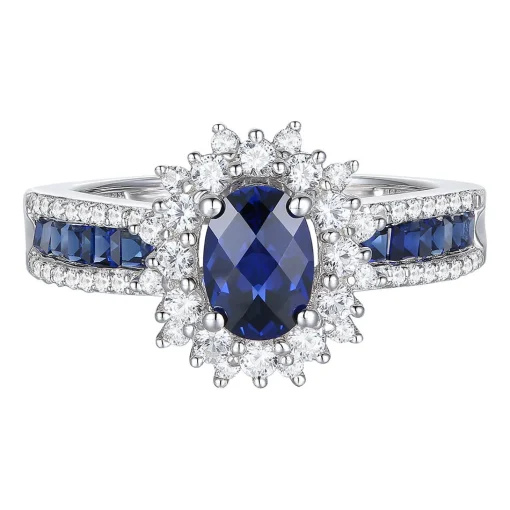 Blue Sapphire & Diamond Halo Ring In 14K White Gold (1/2 Ct. Tw.)