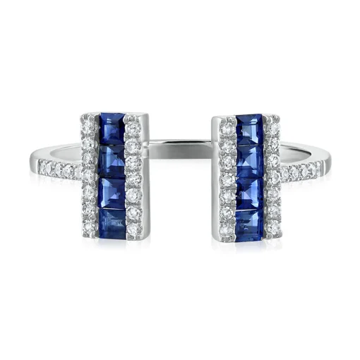 Blue Sapphire & Diamond Open Bar Ring In 14K Gold (1/7 Ct. Tw.)