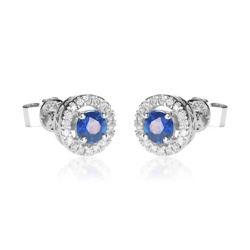 Blue Sapphire & Diamond Stud Earring In 10K White Gold (1/8 Ct. Tw.)