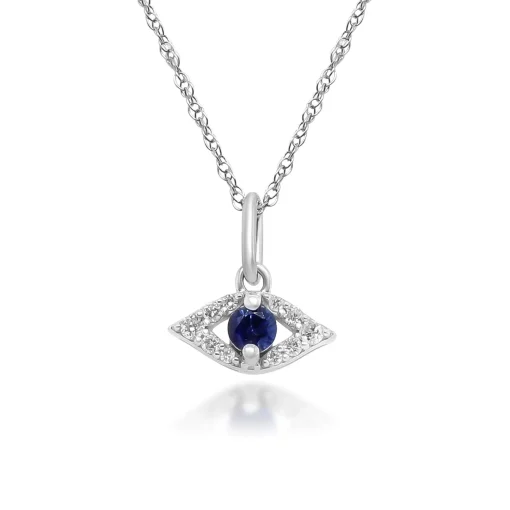 Blue Sapphire Evil Eye Pendant With Diamond Accents In 10K White Gold