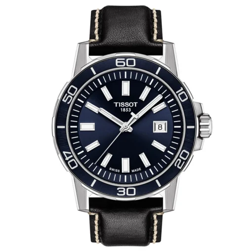 Blue Supersport Gent Men's Watch With Black Leather Bracelet In Stainless Steel