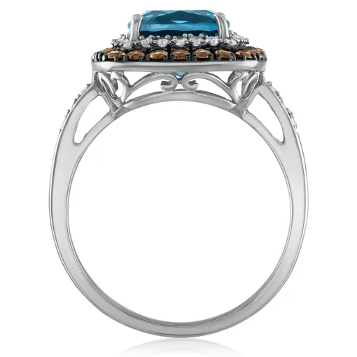 Blue Topaz Ring With White Sapphire And Brown Topaz In 14K White Gold