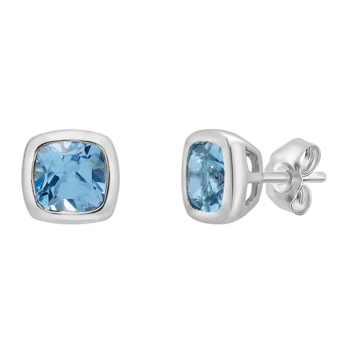 Blue Topaz Stud Earrings With Cushion Cut In 10K White Gold