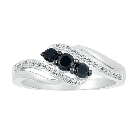 Bypass Diamond Ring With Black Three-Stone Design In Sterling Silver (3/8 Ct. Tw.)