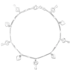 Charm Anklet With Keys & Hearts In Sterling Silver