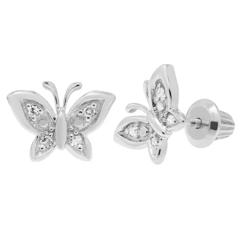 Children's Diamond Butterfly Stud Earrings In Sterling Silver