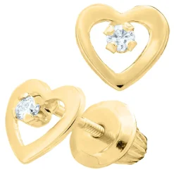 Children's Diamond Heart Earrings In 14K Yellow Gold