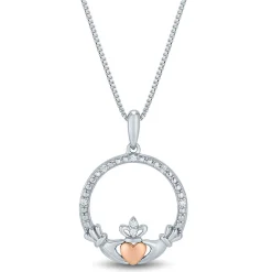 Claddagh Pendant With Diamond Accents In Sterling Silver & 14K Rose Gold