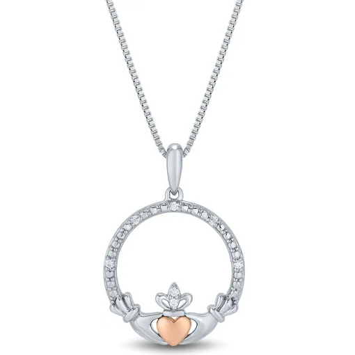 Claddagh Pendant With Diamond Accents In Sterling Silver & 14K Rose Gold
