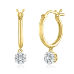 Cluster Diamond Dangle Hoop Earrings In 10K Yellow Gold (1/7 Ct. Tw.)
