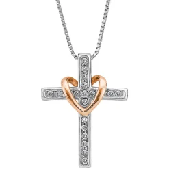 1/7 Ct. Tw. Diamond Cross Pendant In Sterling Silver & 14K Rose Gold