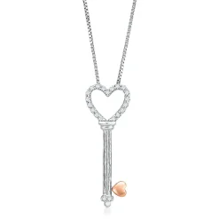 1/10 Ct. Tw. Diamond Key Pendant In Sterling Silver & 14K Rose Gold