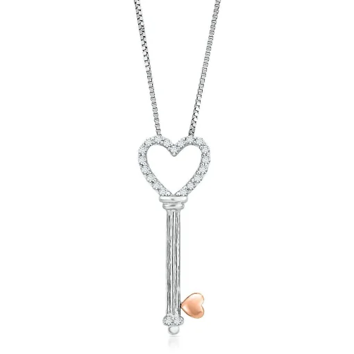 1/10 Ct. Tw. Diamond Key Pendant In Sterling Silver & 14K Rose Gold