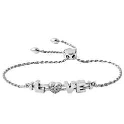 Cubic Zirconia "Love" Bolo Bracelet In Sterling Silver