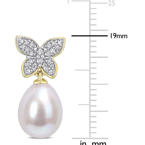 Cultured Freshwater Pearl Earrings With Diamond Butterflies In 10K Yellow Gold (1/8 Ct. Tw.)