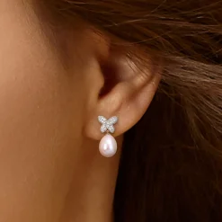 Cultured Freshwater Pearl Earrings With Diamond Butterflies In 10K Yellow Gold (1/8 Ct. Tw.)
