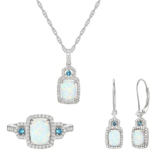 Cushion-Cut Opal Earrings, Pendant And Ring Set In Sterling Silver