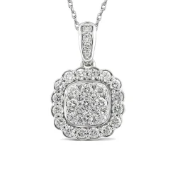 Cushion-Shaped Diamond Cluster Pendant With Scalloped Halo In 14K White Gold (3/4 Ct. Tw.)