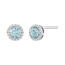Diamond & Aquamarine Stud Earrings In 14K White Gold