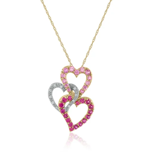 Diamond Accent & Pink Tourmaline Three-Heart Pendant In 14K Yellow Gold