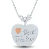 Diamond Accent Best Teacher Apple Pendant In Sterling Silver And 14K Rose Gold
