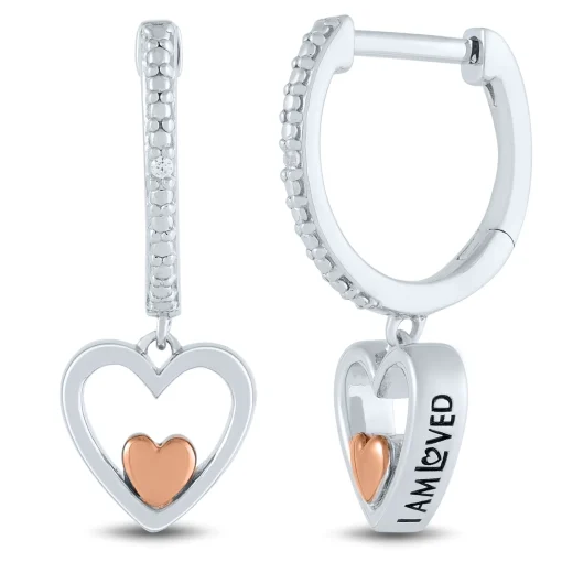 Diamond Accent Dangle Heart Huggie Earrings In Sterling Silver And 14K Rose Gold