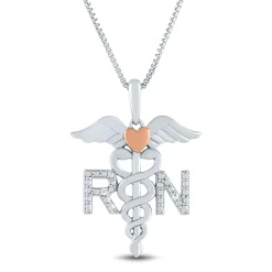 Diamond Accent Nurse Caduceus Pendant In Sterling Silver And 14K Rose Gold
